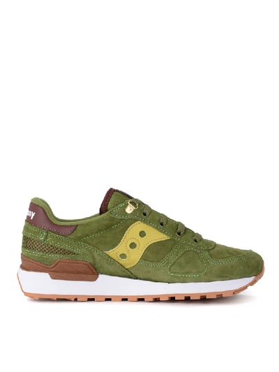Shop Saucony Shadow Green Suede Sneaker With Yellow Leather Details In Verde