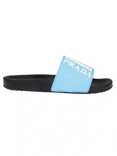 Shop Prada Logo Sliders In Black/light Blue