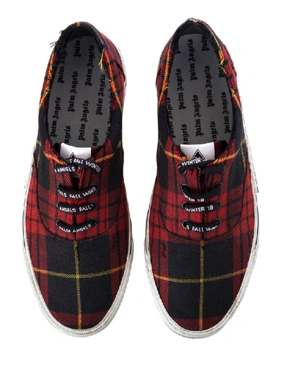 Shop Palm Angels Distressed Tartan Sneakers In Red