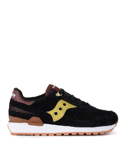 Shop Saucony Shadow Black Suede And Golden Leather Sneaker In Nero