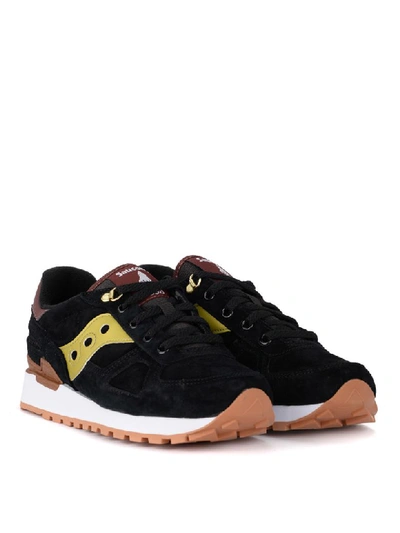 Shop Saucony Shadow Black Suede And Golden Leather Sneaker In Nero
