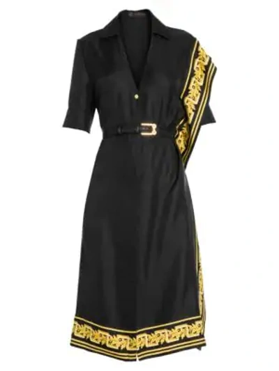Shop Versace Belted Scroll-trim Silk Twill Shirt Dress In Black