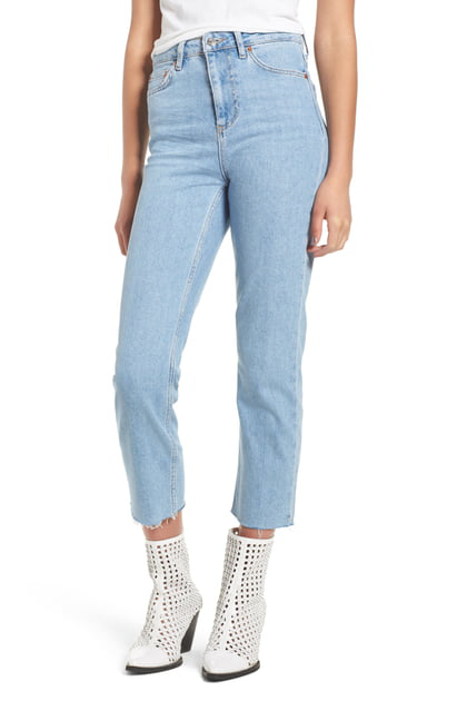 bleach raw hem straight leg jeans