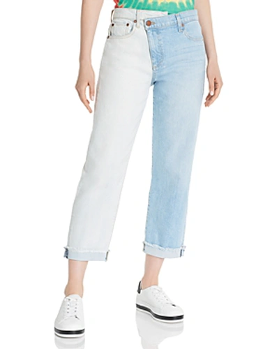 Shop Alice And Olivia Alice + Olivia Amazing Asymmetric Two-tone Slim Straight-leg Jeans In Spring Personality