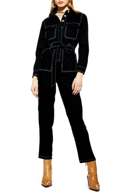 Shop Topshop Denim Boiler Suit In Black