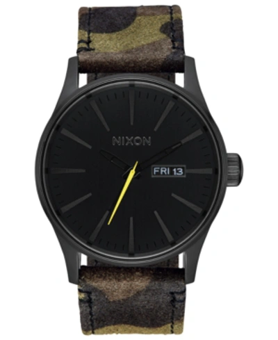 Shop Nixon Men's Sentry Leather/canvas Strap Watch 42mm In Black / Camo / Volt