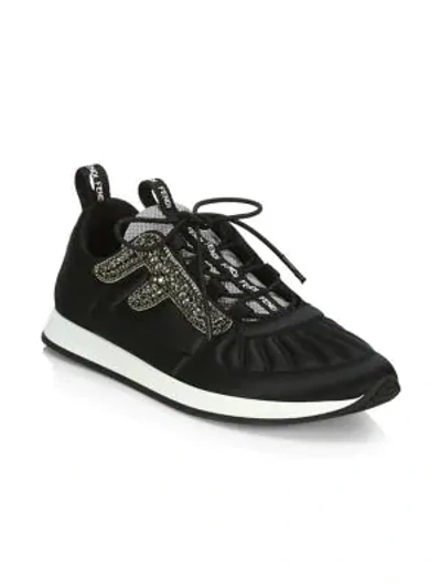 Shop Fendi Embellished Satin Trainers In Black