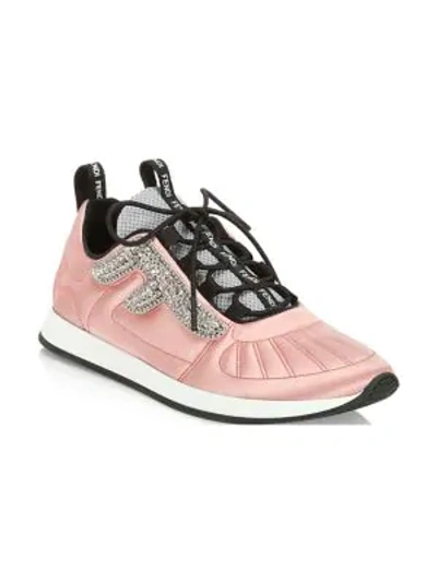 Shop Fendi Embellished Satin Sneakers In Pink