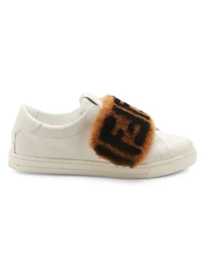 Shop Fendi Women's Shearling-trimmed Leather Sneakers In White