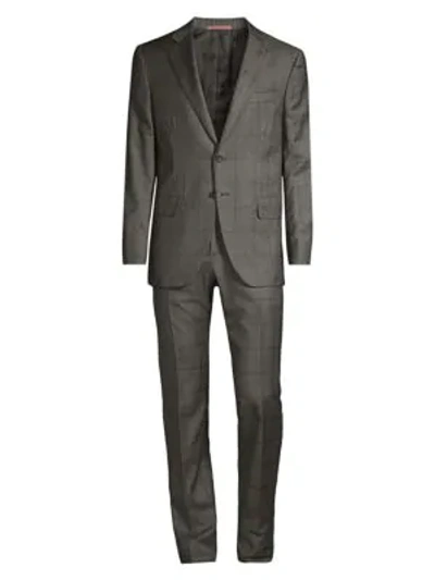 Shop Isaia Windowpane Wool & Silk Suit In Dark Grey