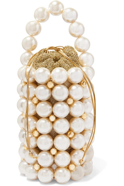 Shop Vanina Comino Faux Pearl And Gold-tone Beaded Tote In White