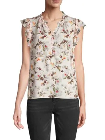 Shop Rebecca Taylor Ruffle-sleeve Silk-blend Floral Top In Vanilla