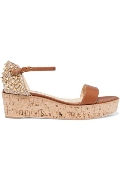 Shop Christian Louboutin Bellamonica 60 Spiked Leather Espadrille Wedge Sandals In Tan