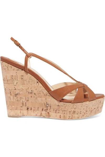 Shop Christian Louboutin Lady Wedgy 120 Leather Wedge Sandals In Tan