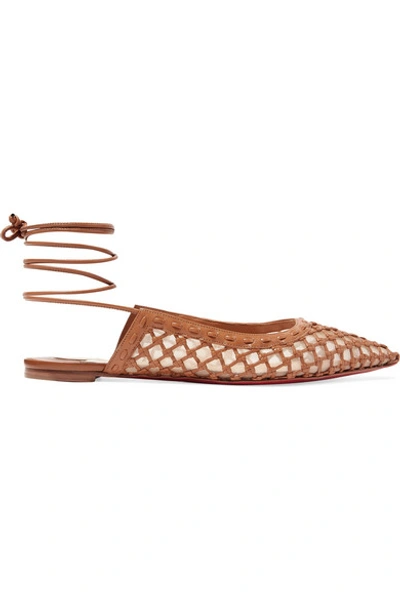 Shop Christian Louboutin Cage And Curry Mesh And Woven Leather Point-toe Flats In Tan