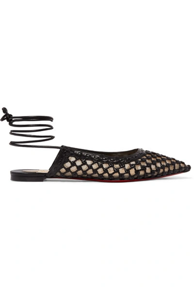 Shop Christian Louboutin Cage And Curry Woven Leather And Mesh Point-toe Flats In Black