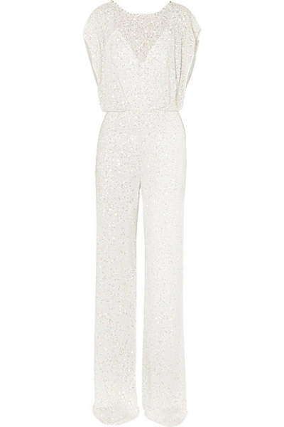 Shop Jenny Packham Apollo Open-back Crystal-embellished Sequined Chiffon Jumpsuit In Ivory