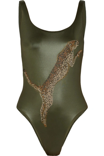 Shop Agent Provocateur Indiana Crystal-embellished Swimsuit In Light Green