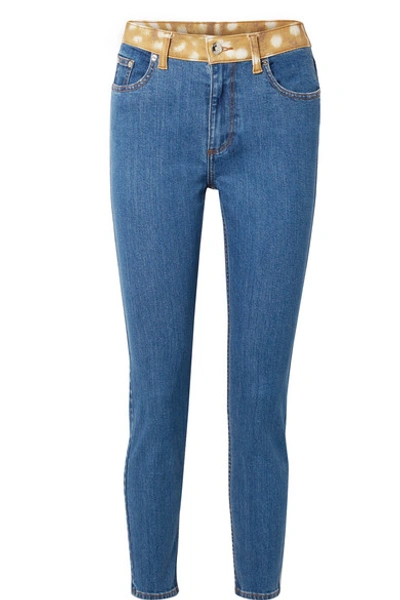 Shop Burberry Animal-print Trimmed High-rise Skinny Jeans In Indigo