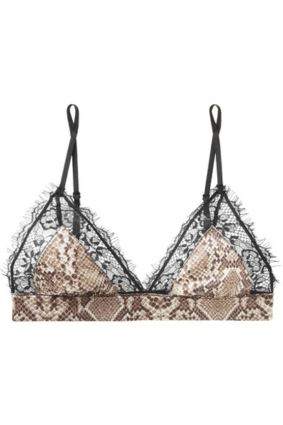 Shop Anine Bing Winnie Lace-trimmed Snake-print Satin Soft-cup Triangle Bra In Snake Print
