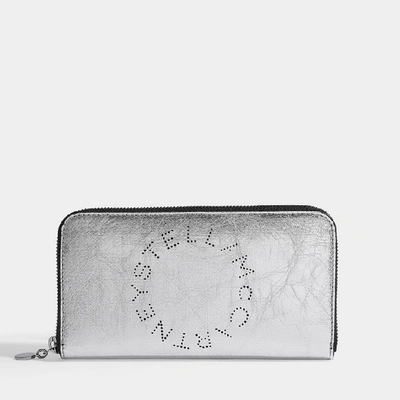 Shop Stella Mccartney | Stella Logo Zip Around Wallet In Silver Eco Metallic Paper Alter Nappa