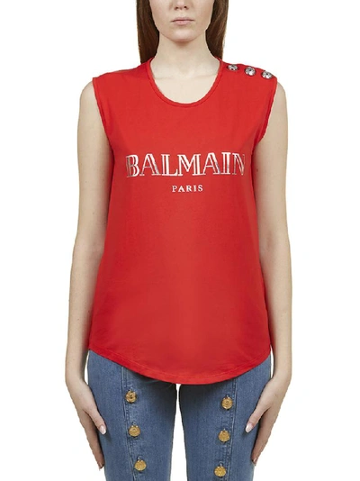 Shop Balmain Buttoned Shoulder Sleeveless Top In Red