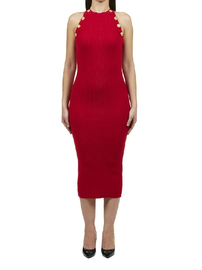 Shop Balmain Knit Midi Dress In Red
