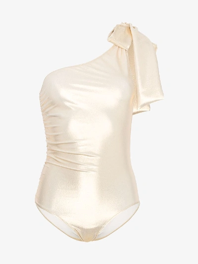 Shop Lisa Marie Fernandez Arden One Shoulder Tie Swimsuit In Metallic