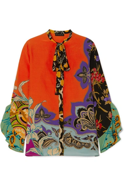 Shop Etro Pussy-bow Printed Silk Crepe De Chine Blouse In Coral