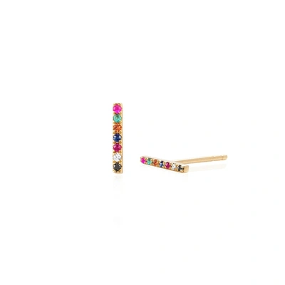 Shop Ef Collection 14ct Gold And Precious Stones Rainbow Bar Stud Earrings In Yellow