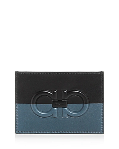 Shop Ferragamo Firenze Logo Bi-color Leather Card Case In Black/gray