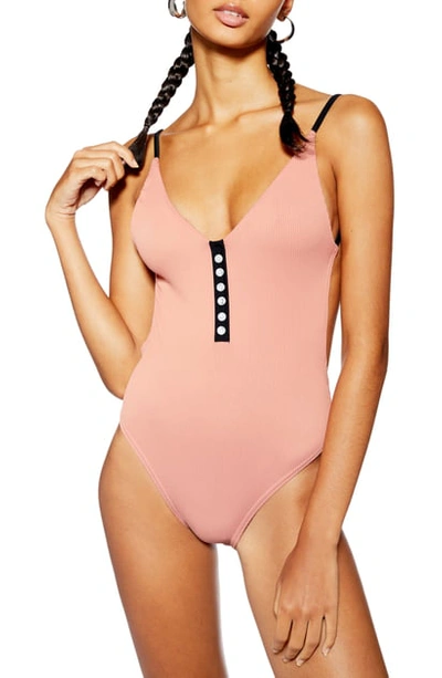 Topshop Pamela Ribbed Button One-piece Swimsuit In Nude | ModeSens