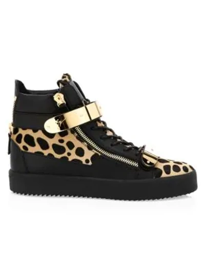 Shop Giuseppe Zanotti Men's Animal Print Calf-hair Double Bar High-top Sneakers In Natural