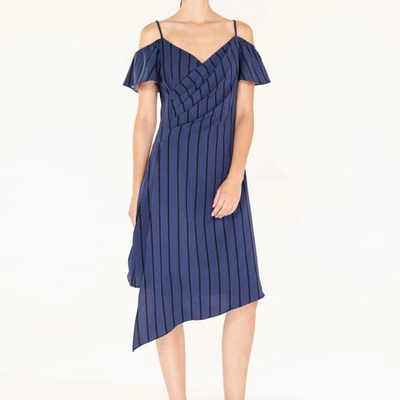Shop Paisie Striped Cold Shoulder Dress With Asymmetric Hem In Navy & Black