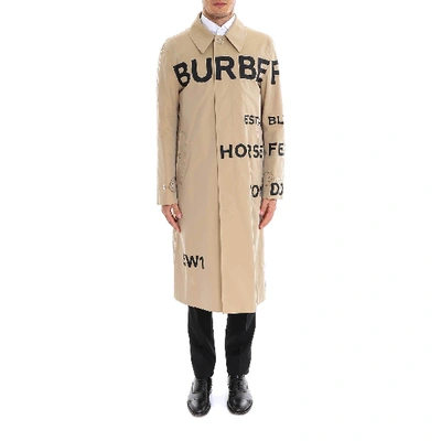 Shop Burberry Double Breasted Logo Print Trench Coat In Beige