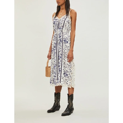 Shop Sandro Lace-trimmed Floral-print Woven Dress In Blue