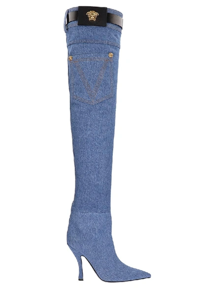 Shop Versace Denim Thigh-high Boots In Blue