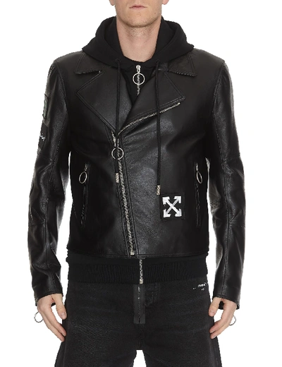 Shop Off-white Leather Hoodie Biker Jacket In Black