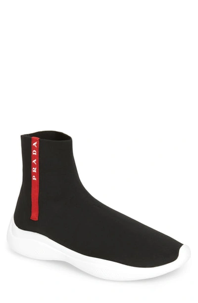 Shop Prada Logo Band Sock Sneaker In Nero/ Bianco