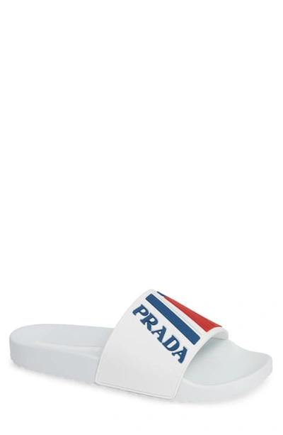 Shop Prada Linea Rossa Logo Slide Sandal In White/ Blue