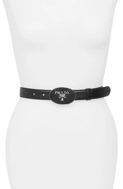 Shop Prada Round Logo Plate Saffiano Leather Belt In Nero/ Silver