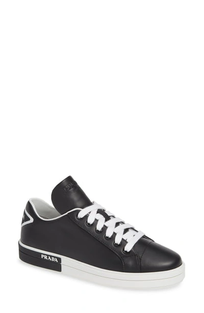 Shop Prada Logo Platform Sneaker In Black/ White