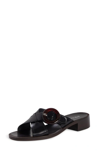 Shop Prada Buckle Slide Sandal In Black Leather