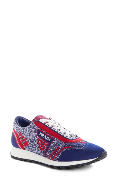 Shop Prada Logo Knit Sneaker In Blue/ Red
