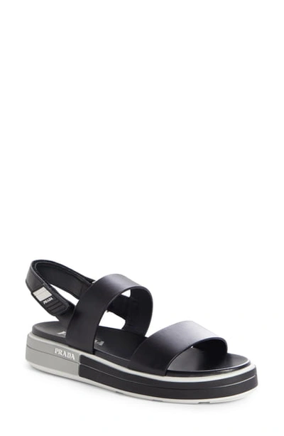 Shop Prada Logo Heel Sport Sandal In Black