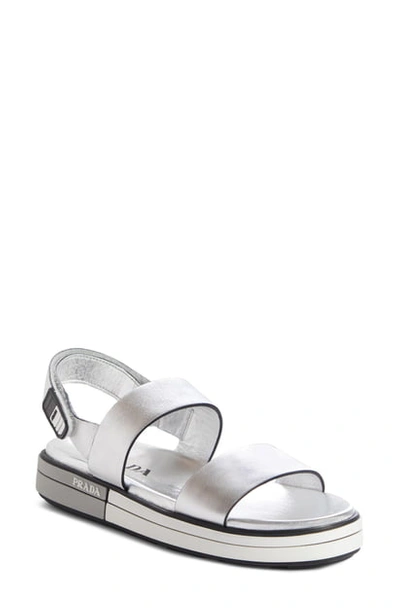 Shop Prada Logo Heel Sport Sandal In Silver