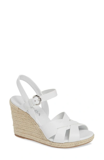 Shop Prada Espadrille Wedge Sandal In White Leather