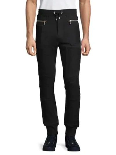 Shop Balmain Drawstring Cotton Moto Pants In Noir