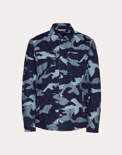 Shop Valentino Uomo Camouflage Pea Coat In Denim Jacquard In Navy