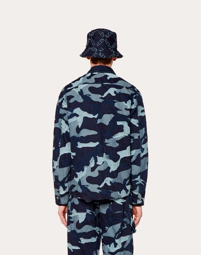 Shop Valentino Uomo Camouflage Pea Coat In Denim Jacquard In Navy